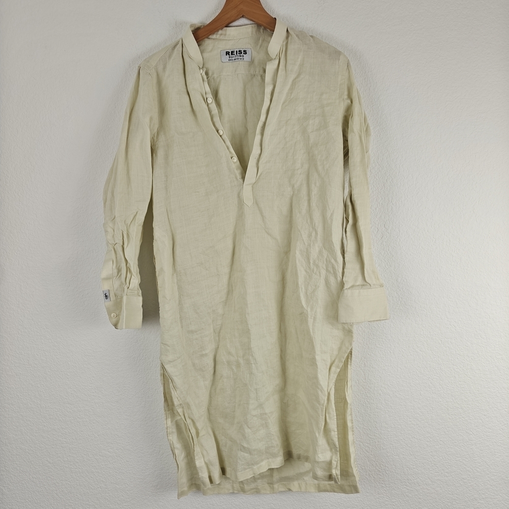 Reiss Suitting Side Slit 3/4 Sleeve Linen Shirt Dress In Butter Yellow Sz Small